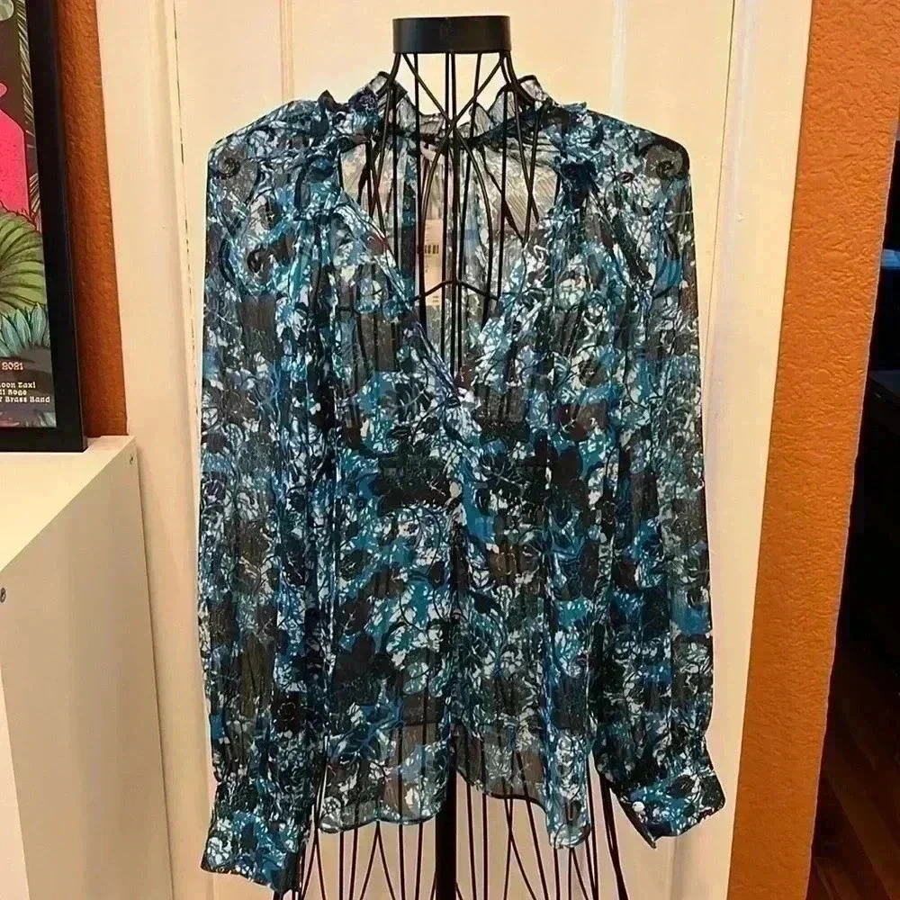 NWT Anthropologie Sheer Printed Peasant Blouse-Sz M